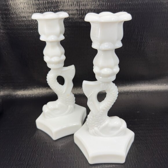 Westmoreland Other - Westmoreland Dolphin Koi Fish Candlestick Pair Milk Glass Candle Holders Set 2